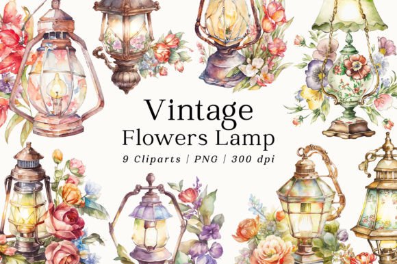Download Vintage Flowers Lamp Watercolor Clipart - Vintage flowers Collection
